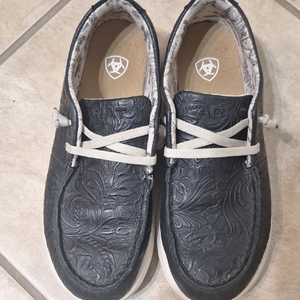 Ariat Black Embossed Floral Leather Boat Shoes with Cream Laces